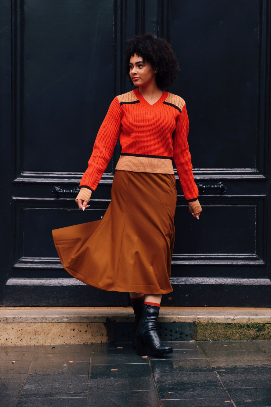 Orange skirt winter outlet outfit