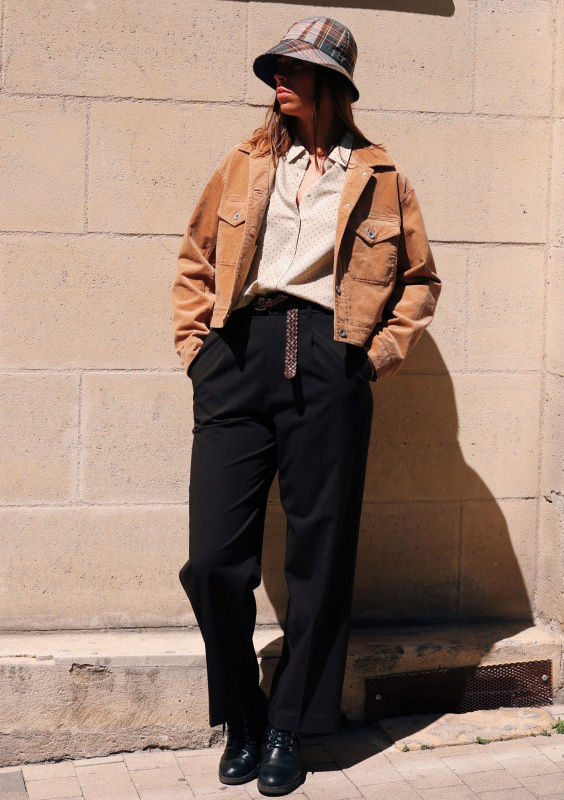 Check styling ideas for「Corduroy Cropped Jacket、Drape Flared Pants」