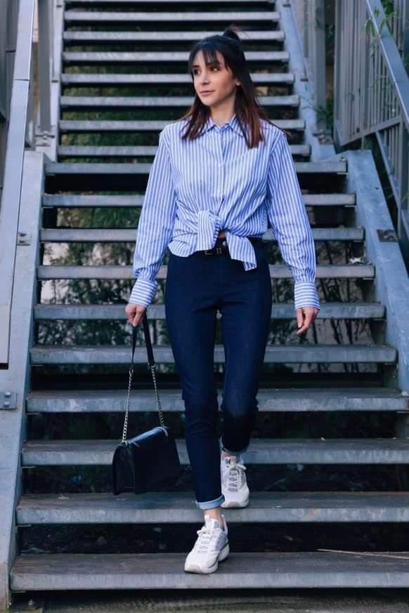 Check styling ideas for「Cotton Striped Long-Sleeve Shirt、AIRism