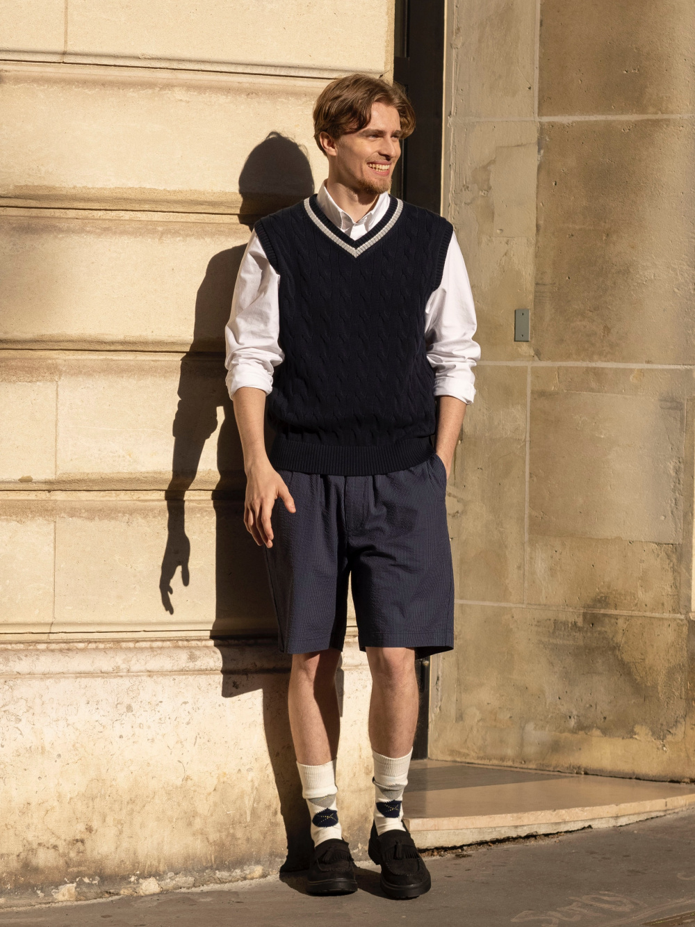 Check styling ideas for「Cable V-Neck Knitted Vest、Washed Jersey Ankle  Pants」