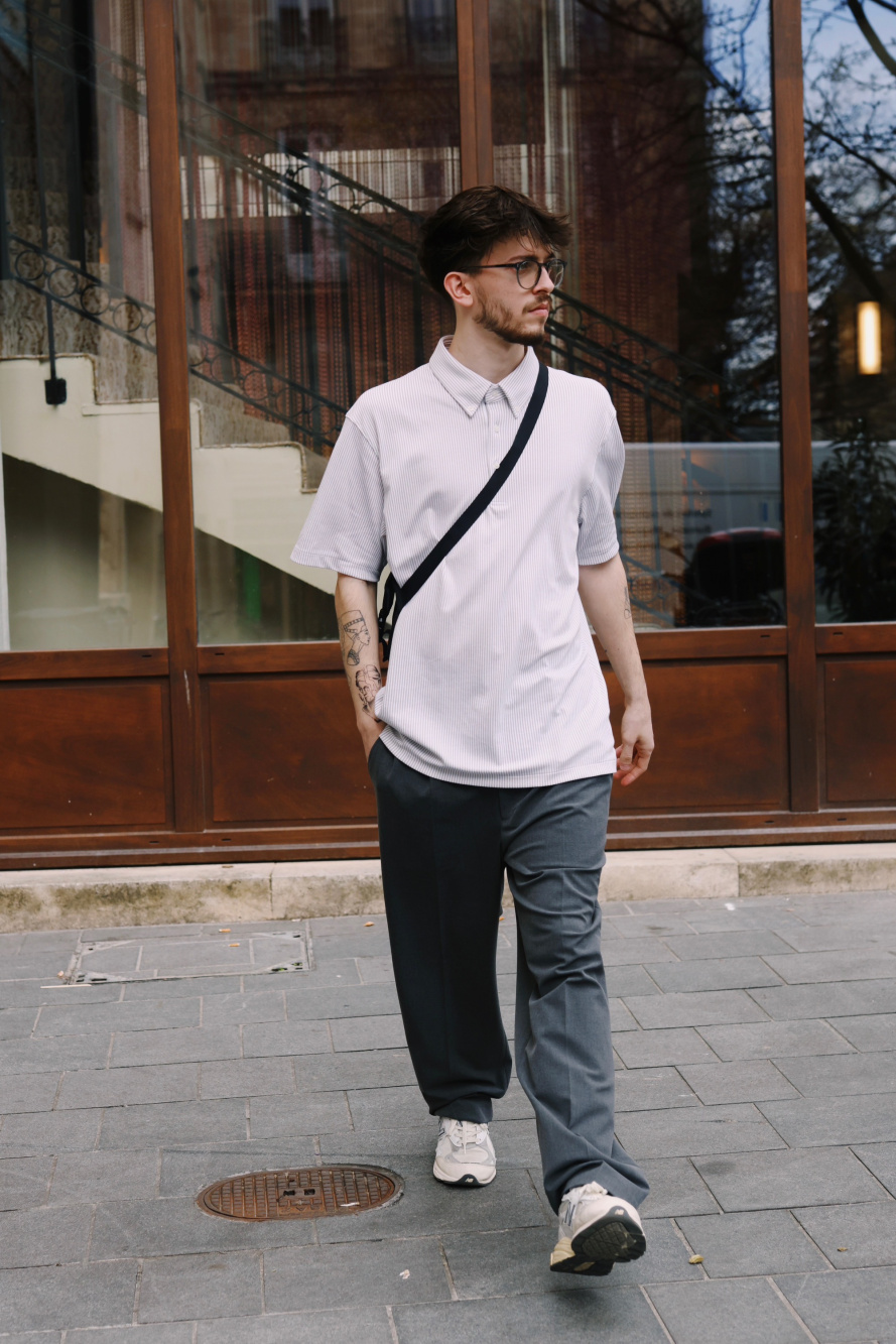 Check styling ideas for「AIRism Pique Short-Sleeve Striped Polo Shirt、Wide-Fit  Pleated Pants (2022 Edition)」