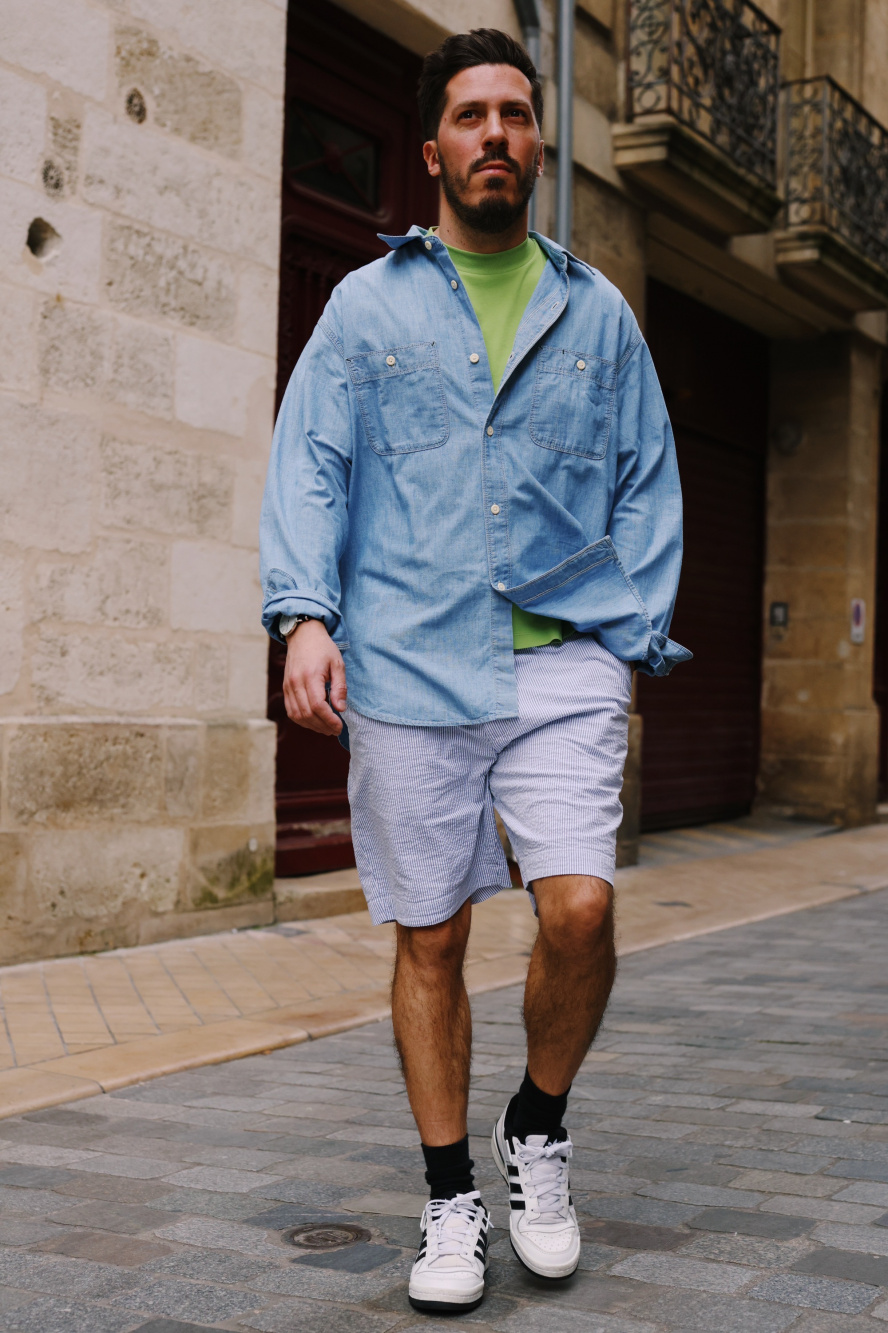 Check styling ideas for「Chambray Work Long-Sleeve Shirt、Dry Stretch Easy  Shorts (Seersucker) (8)」