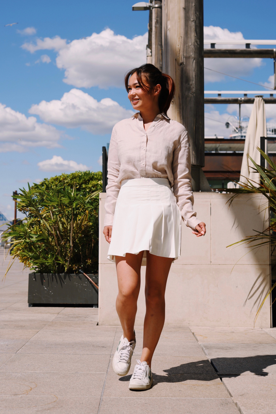 Check styling ideas for「Premium Linen Long-Sleeve Shirt、Pleated A-Line Mini  Skirt」