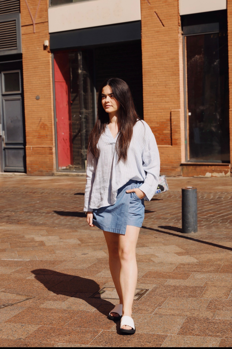 Voir les idees looks de Chemise Lin Premium Manches 3 4 Rayee Col Skipper Mini Jupe Culotte en Chambray UNIQLO FR