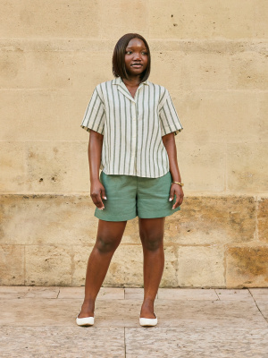 Linen Blend Open Collar Shirt | Short Sleeve | Striped Linen Blend Open Collar Shirt | Short Sleeve | Striped