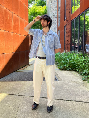 Cotton Linen Open Collar Shirt | Short Sleeve | Striped