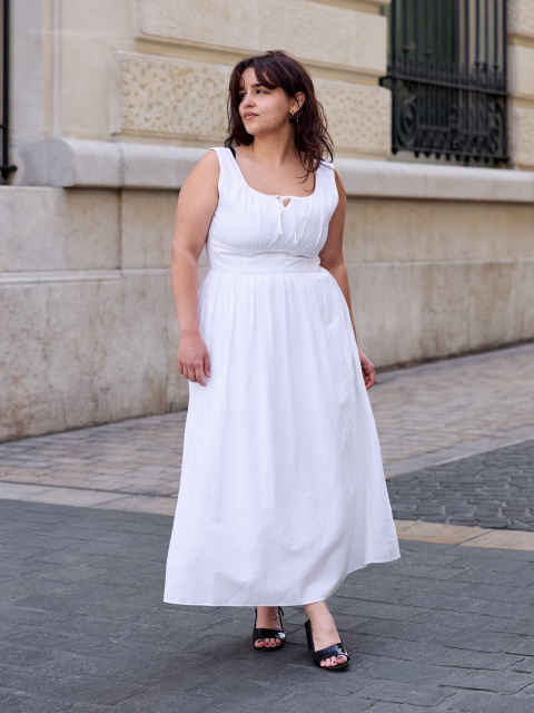 Linen Blend Shirring Dress (Sleeveless)