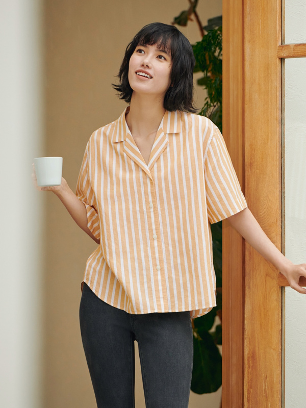 WOMEN'S LINEN BLEND STRIPED OPEN COLLAR SHORT SLEEVE SHIRT | UNIQLO ID