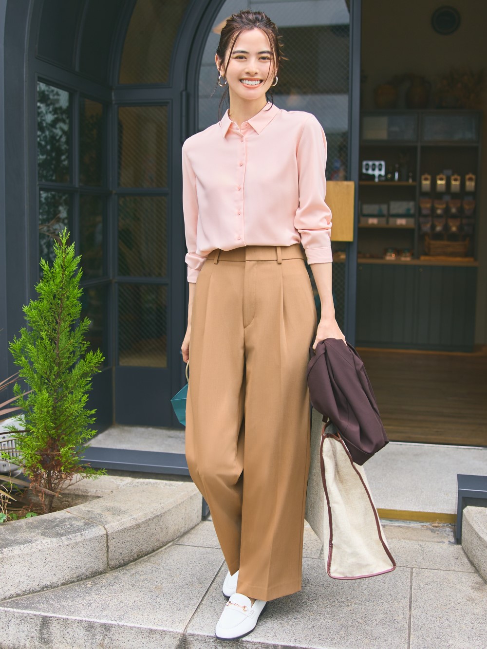 Shop looks for「Cotton Striped Long Sleeve Shirt、Pleated Wide Pants (single  tuck)」