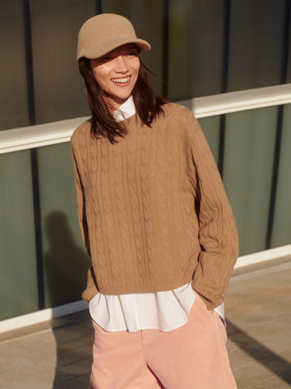 WOMEN'S CASHMERE CABLE LONG SLEEVE SHORT SWEATER | UNIQLO IN