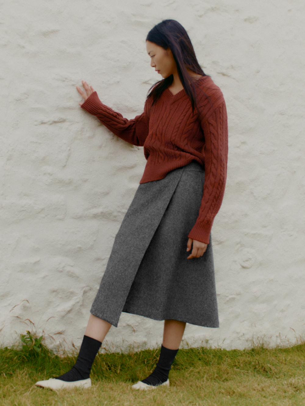 Shop looks for Cable Knit V Neck Jumper Wrap Skirt UNIQLO ES