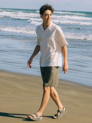 Cotton Linen Open Collar Shirt | Short Sleeve | Striped