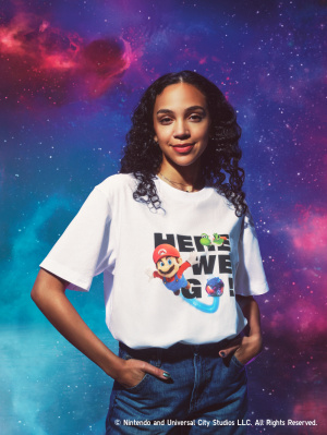 styling The Super Mario Galaxy Movie t-shirt over a blue and purple space background