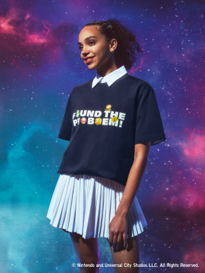 styling The Super Mario Galaxy Movie t-shirt over a blue and purple space background