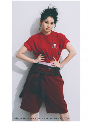 Styling the red illustration graphic T-shirt from the MANGA SHUEISHA collection