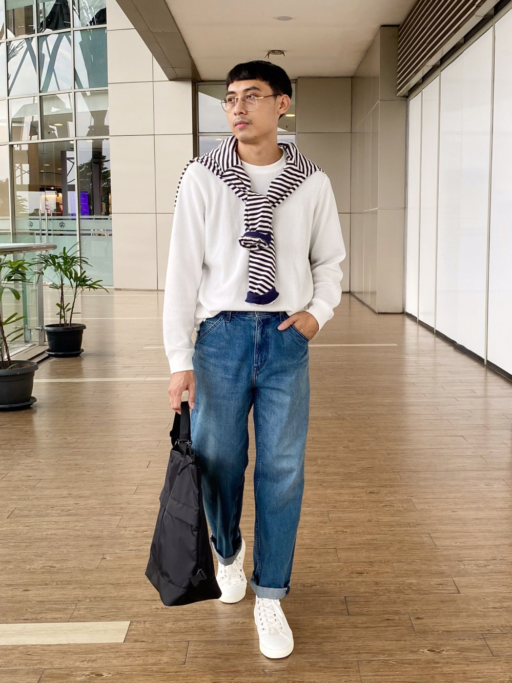 Check styling ideas for「Waffle Crew Neck Long Sleeve T-Shirt、Wide Fit Chino  Pants」