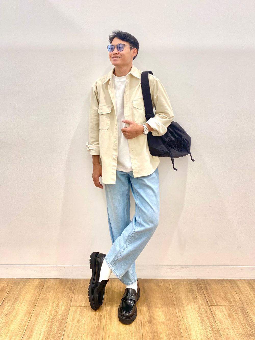 Check styling ideas for「Supima® Cotton Crew Neck T-Shirt、Denim Utility  Long-Sleeve Overshirt」