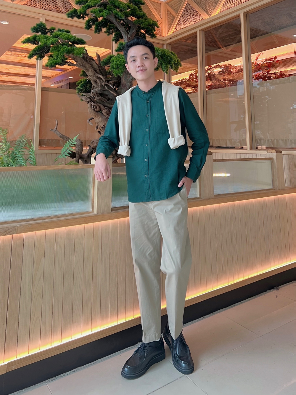 Check styling ideas for「Cotton Linen Stand Collar Long Sleeve Shirt、Smart  Ankle Pants 2WAY Stretch (Cotton)」