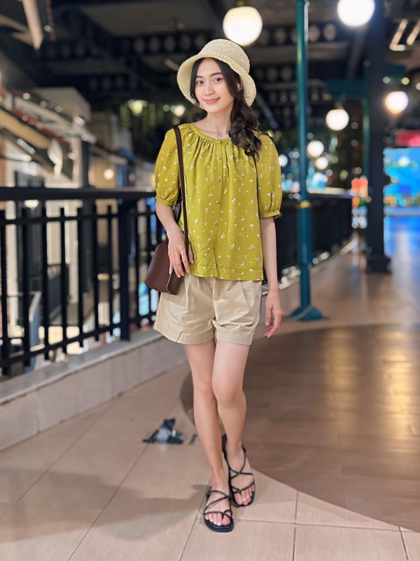 WOMEN'S LINEN BLEND VOLUME SLEEVE BLOUSE | SHORT SLEEVE, PRINTED