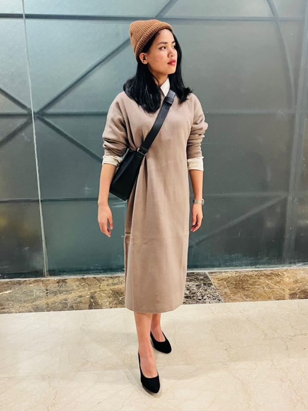 brushed jersey dress uniqlo An outfit using Premium Lambswool Volume Long Sleeve Sweater and Pants｜UNIQLO PH black sequin mini dress