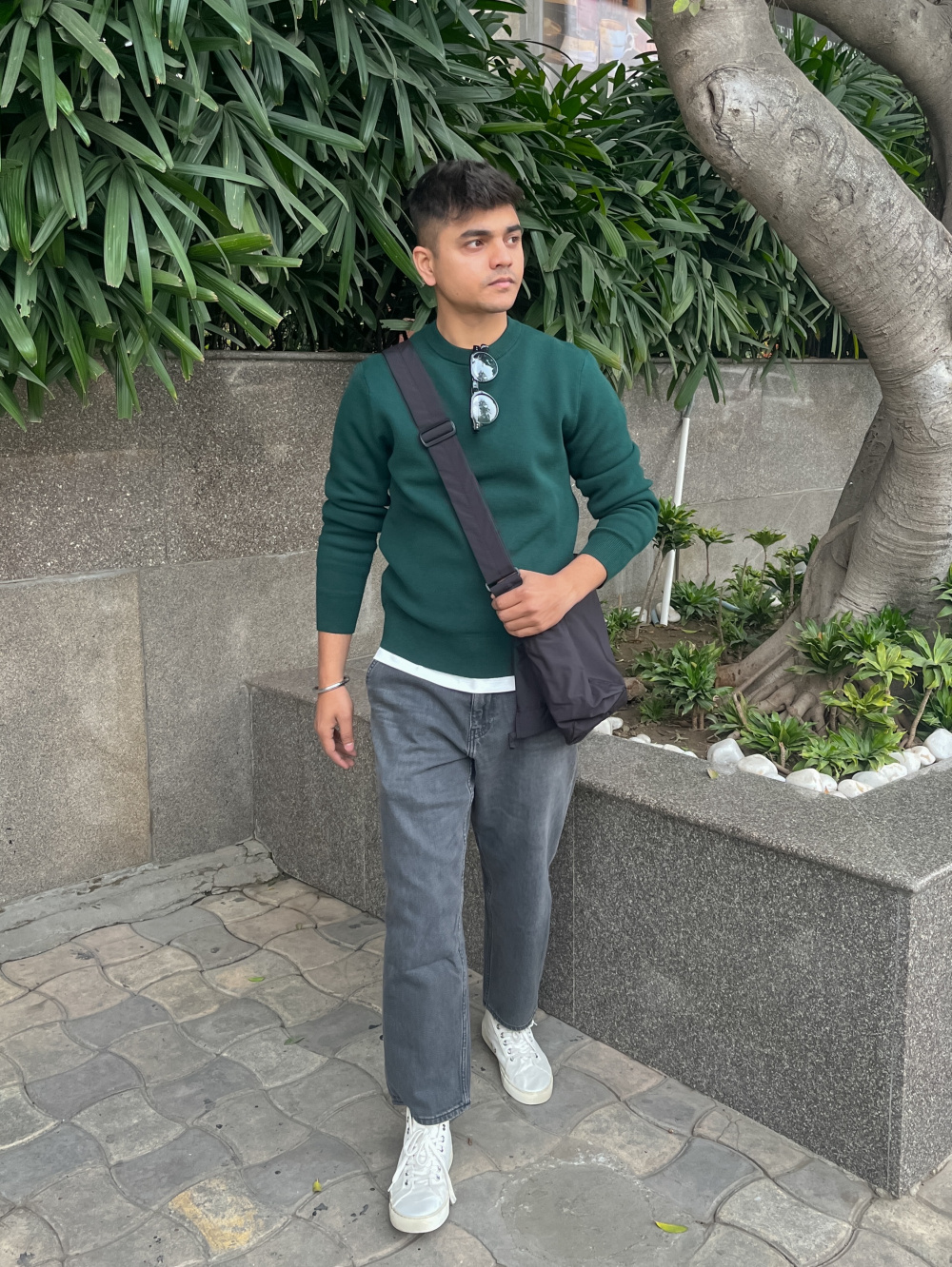 Green sweater best sale gray pants