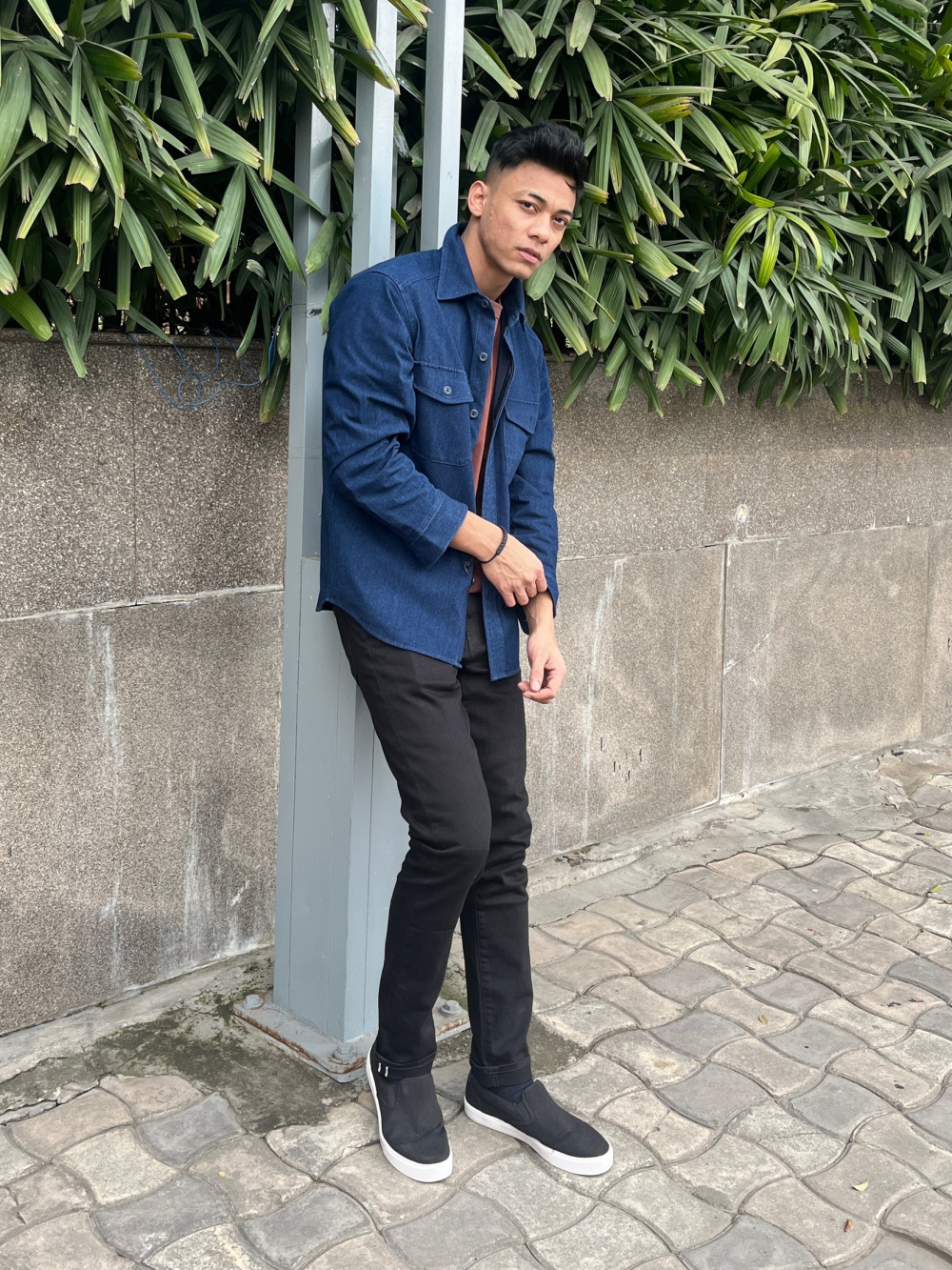 Check styling ideas for「Denim Jersey Long Sleeve Over Shirt