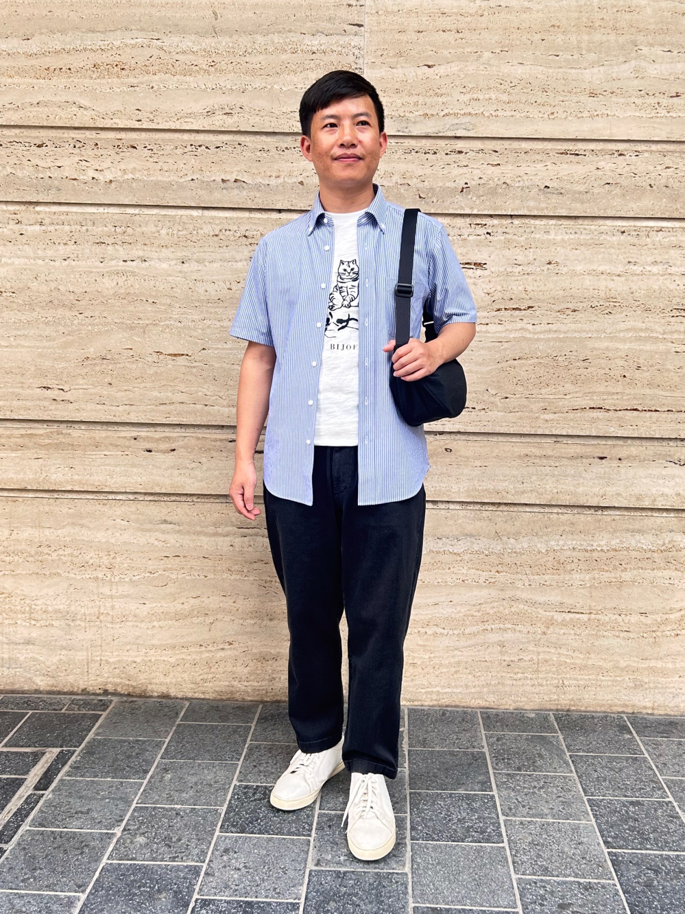 Check styling ideas for「Cotton Linen Stand Collar Striped Short Sleeve Shirt、Cotton  Relaxed Ankle Pants (Denim)」
