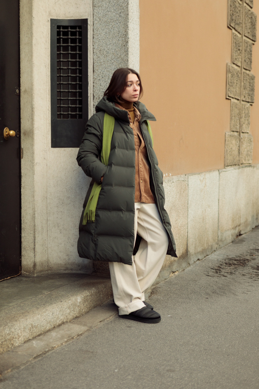 Check styling ideas for「CORDUROY WORK SHIRT、SEAMLESS DOWN LONG COAT ...