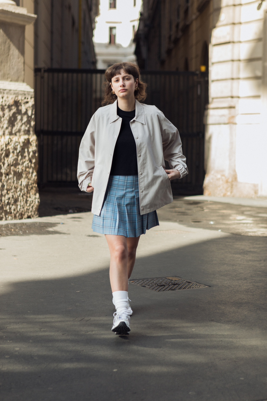 Check styling ideas for「Pleated Checked Mini Skirt、Slub Jersey