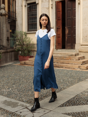 Uniqlo Women Printed Button Down Camisole Flare Dress Navy