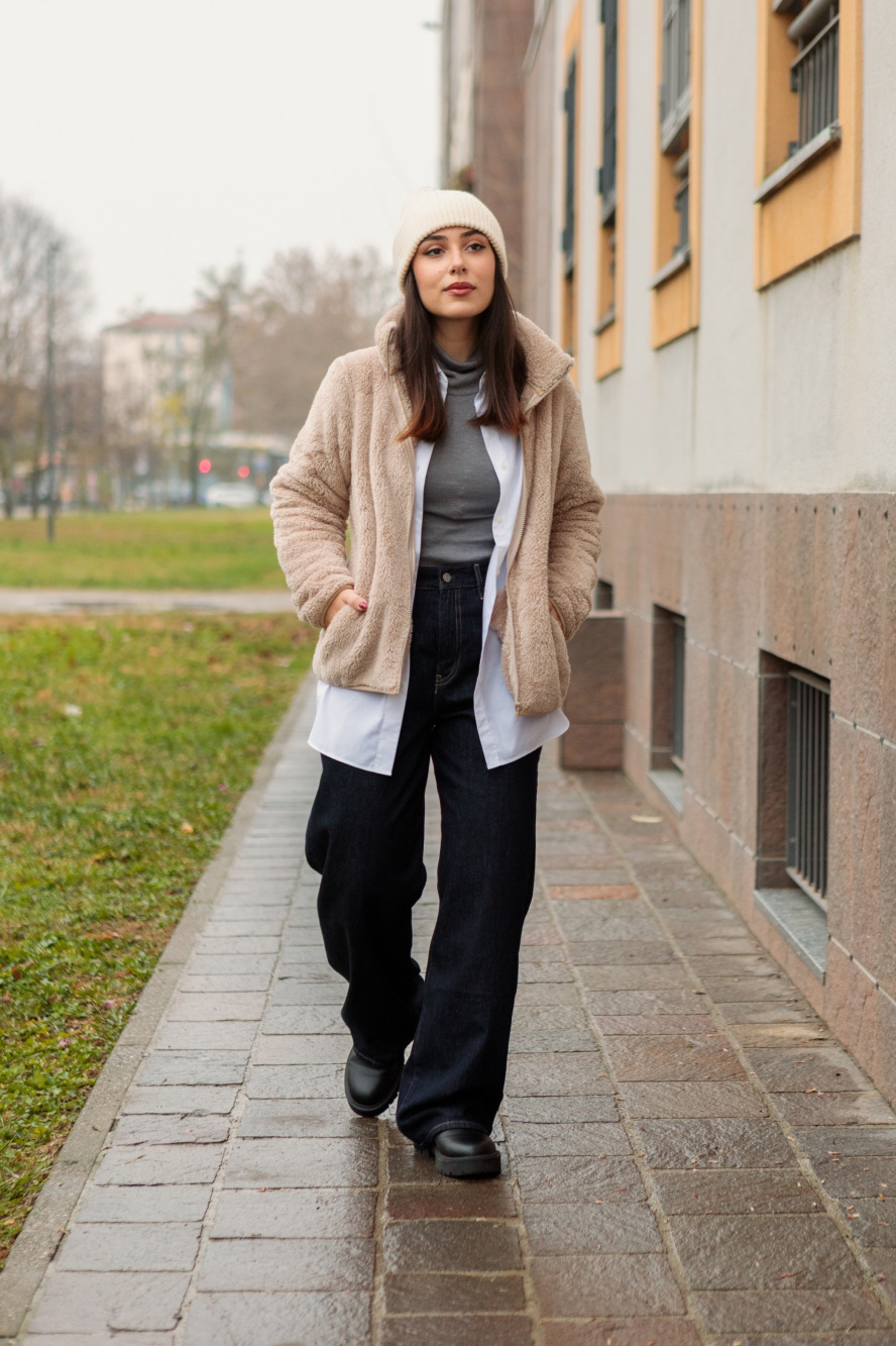 Check styling ideas for「Pile-Lined Fleece Jacket、Souffle Yarn Long-Sleeve  Dress」