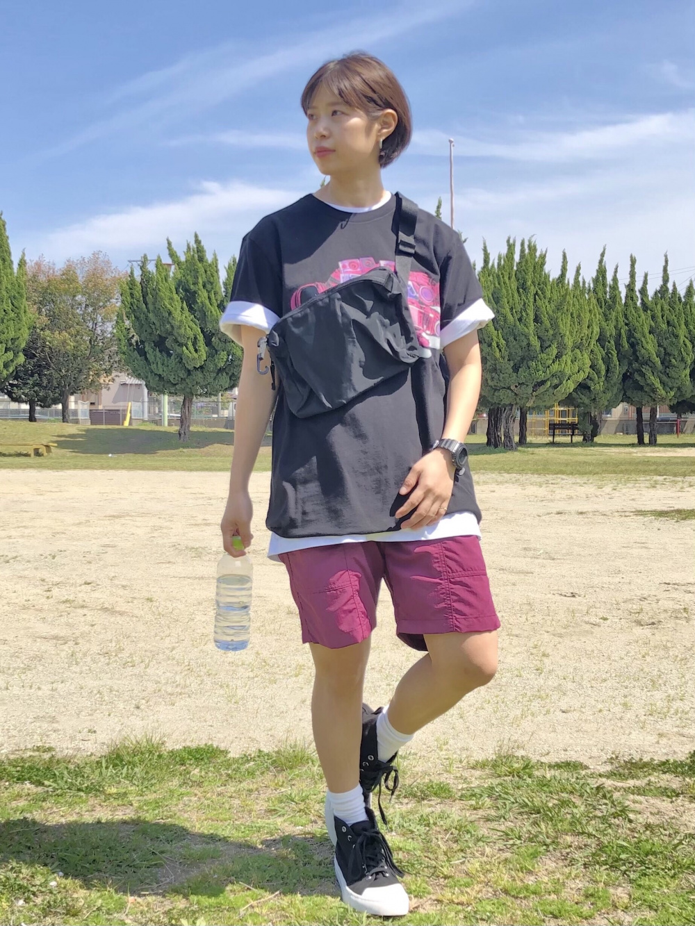 リネンブレンドロングシャツ 半袖 ナイロンギアショートパンツ 丈18 5 22cm の着用コーディネート ユニクロ