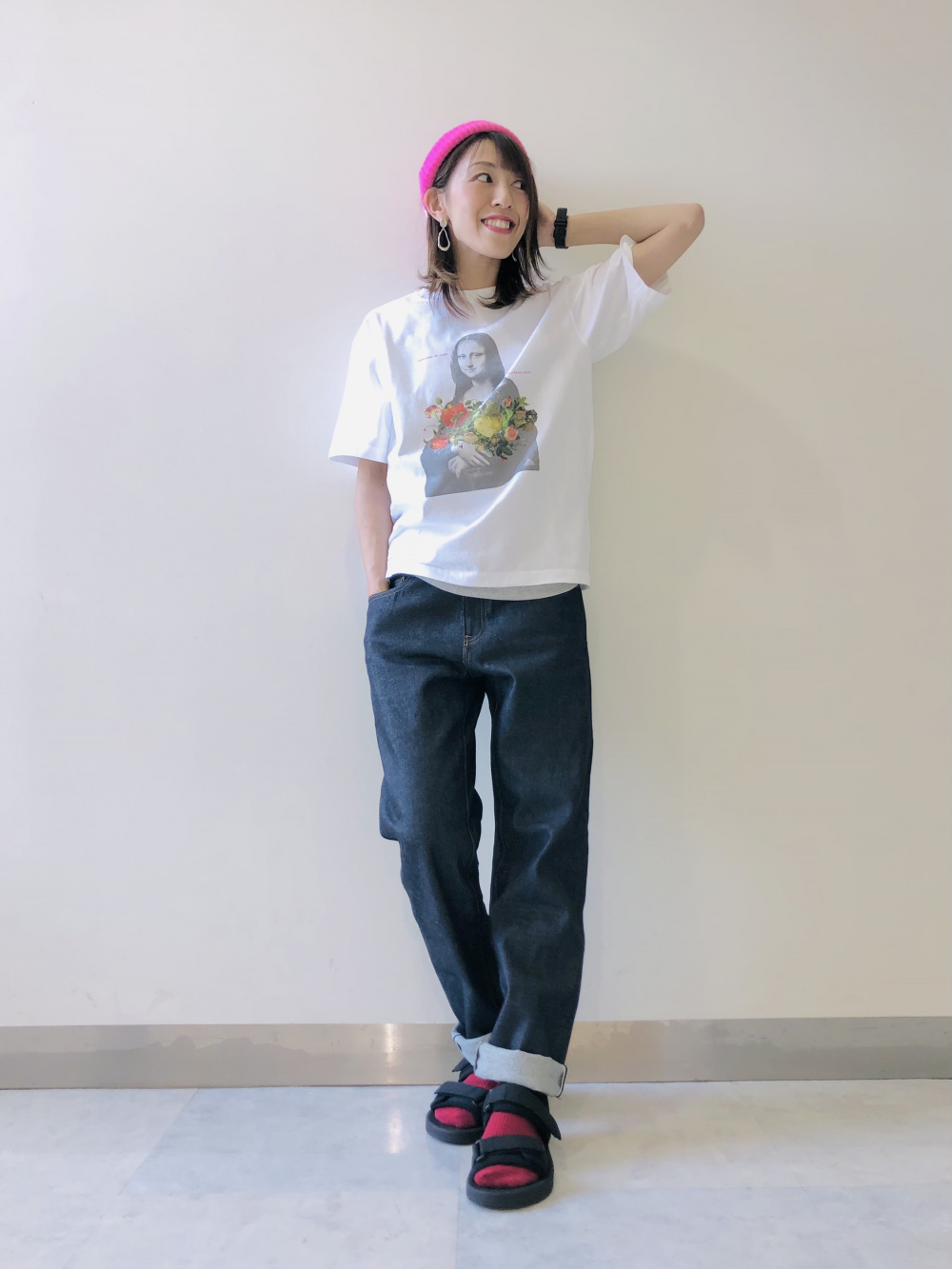 ドライカラーリブタンクトップ ラグランスリーブtシャツ 5分袖 の着用コーディネート ユニクロ