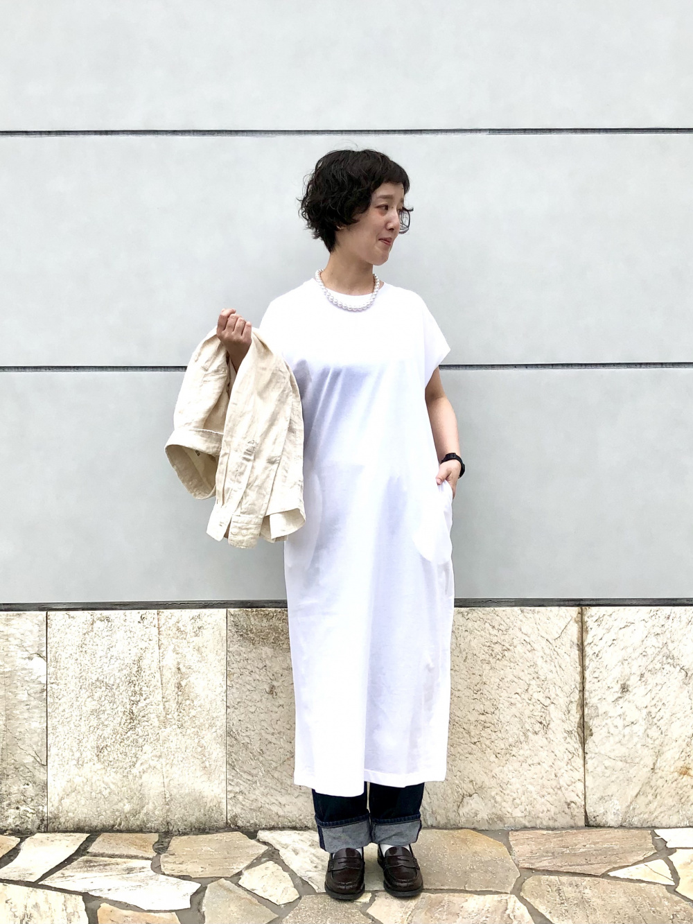 マーセライズコットンロングTワンピース（半袖）、プレミアムリネン