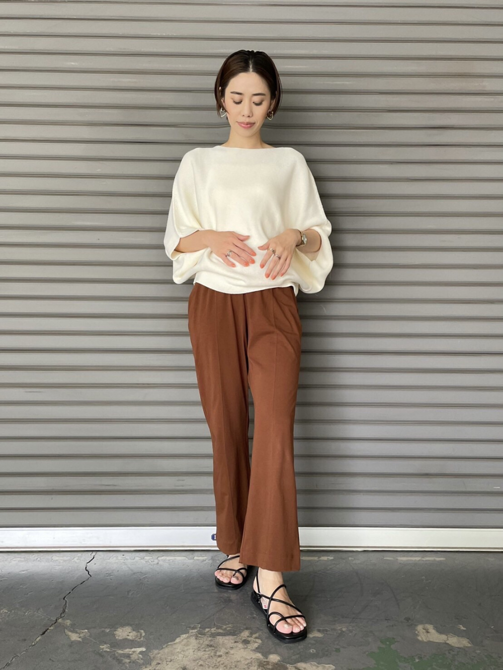 Check styling ideas for「3D Knit Cotton Dolman 3/4-Sleeve Sweater ...