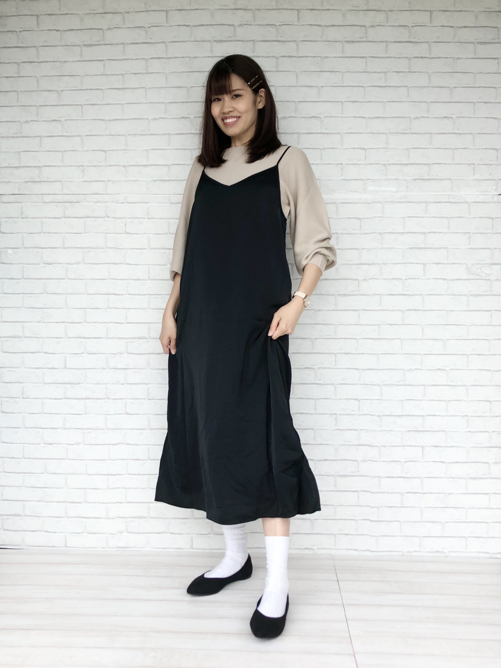 Check styling ideas for「Camisole Side-Slit Long Dress、Comfort