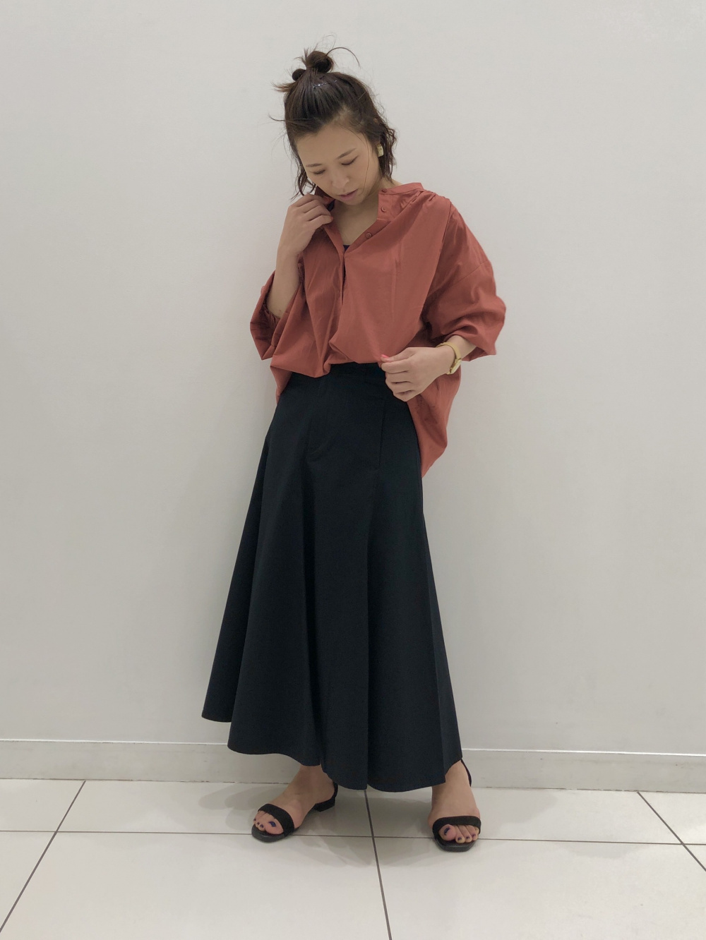 Check styling ideas for「U Cotton Twill Flared Skirt