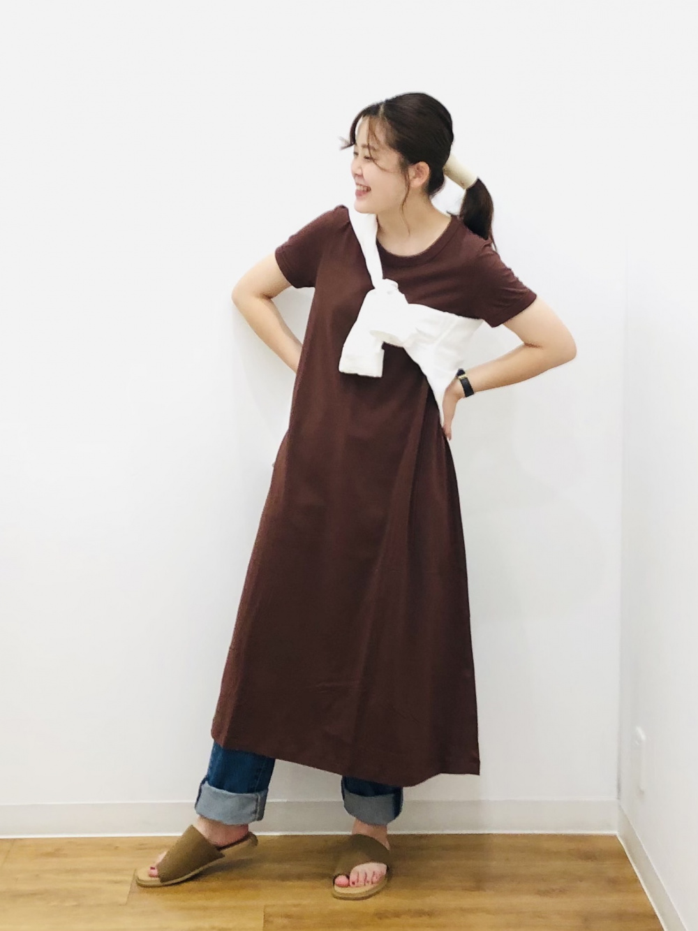 Check styling ideas for「U AIRism Cotton Short-Sleeve Long Dress