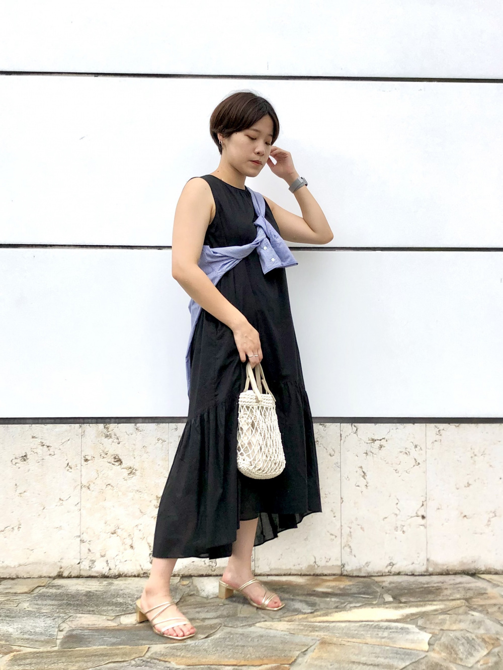 コットンティアードワンピース（ノースリーブ）、シアーバンドカラー