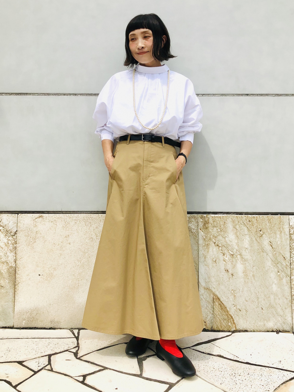 Check styling ideas for「U Cotton Twill Flared Skirt、Knit Lace Up