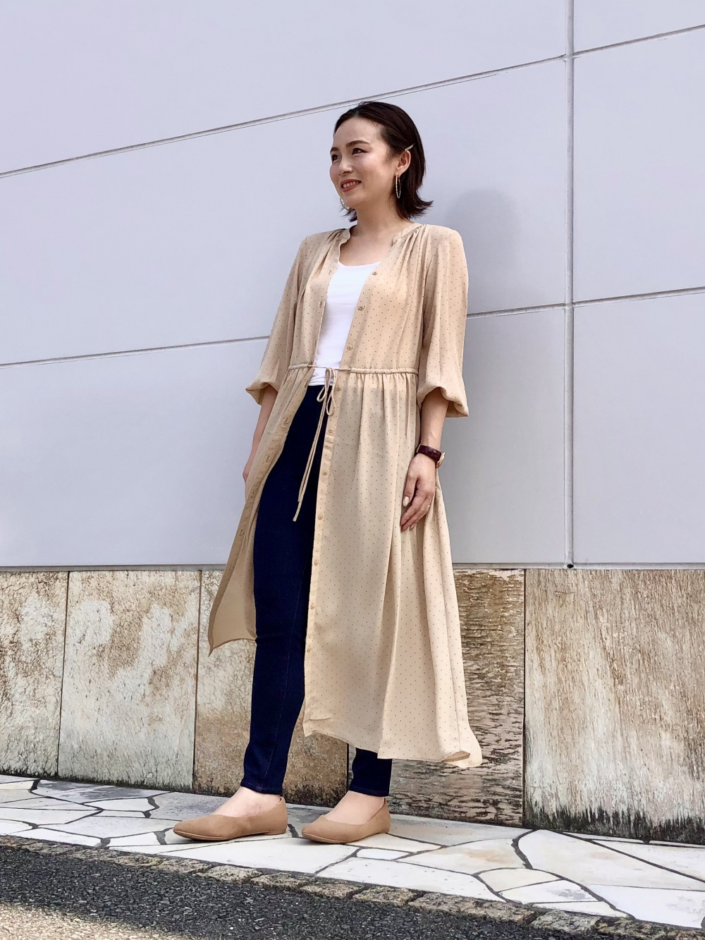 プリントドローストリングロングワンピース 7分袖 スキニーハイライズアンクルジーンズ 丈標準68cm の着用コーディネート ユニクロ