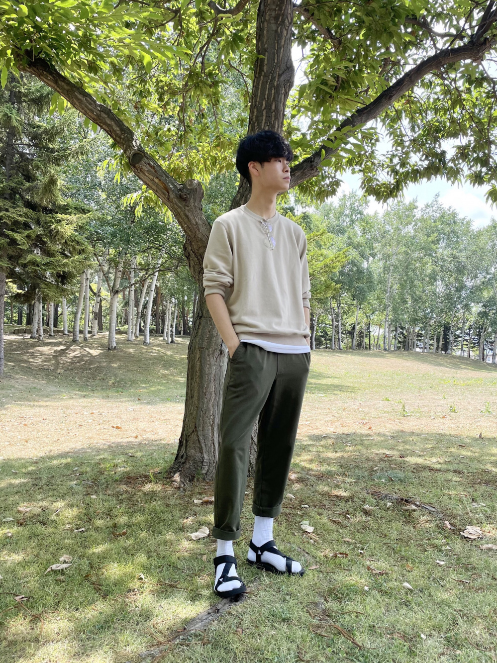 エクストラファインコットンストライププルオーバーシャツ 半袖 ウルトラストレッチハイライズレギンスパンツ 丈標準69 71cm の着用コーディネート ユニクロ