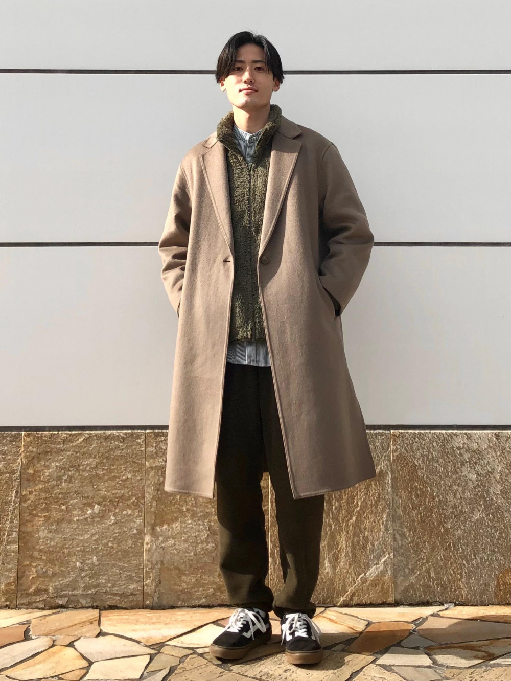 ダブルフェイスチェスターロングコート、オックスフォードシャツ（長袖