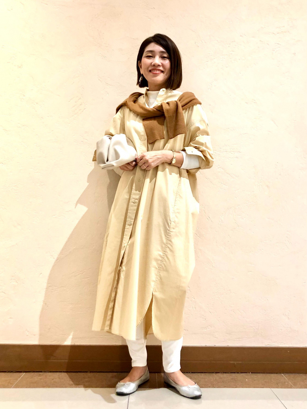 コットンギャザーロングシャツワンピース（長袖）、ワッシャー