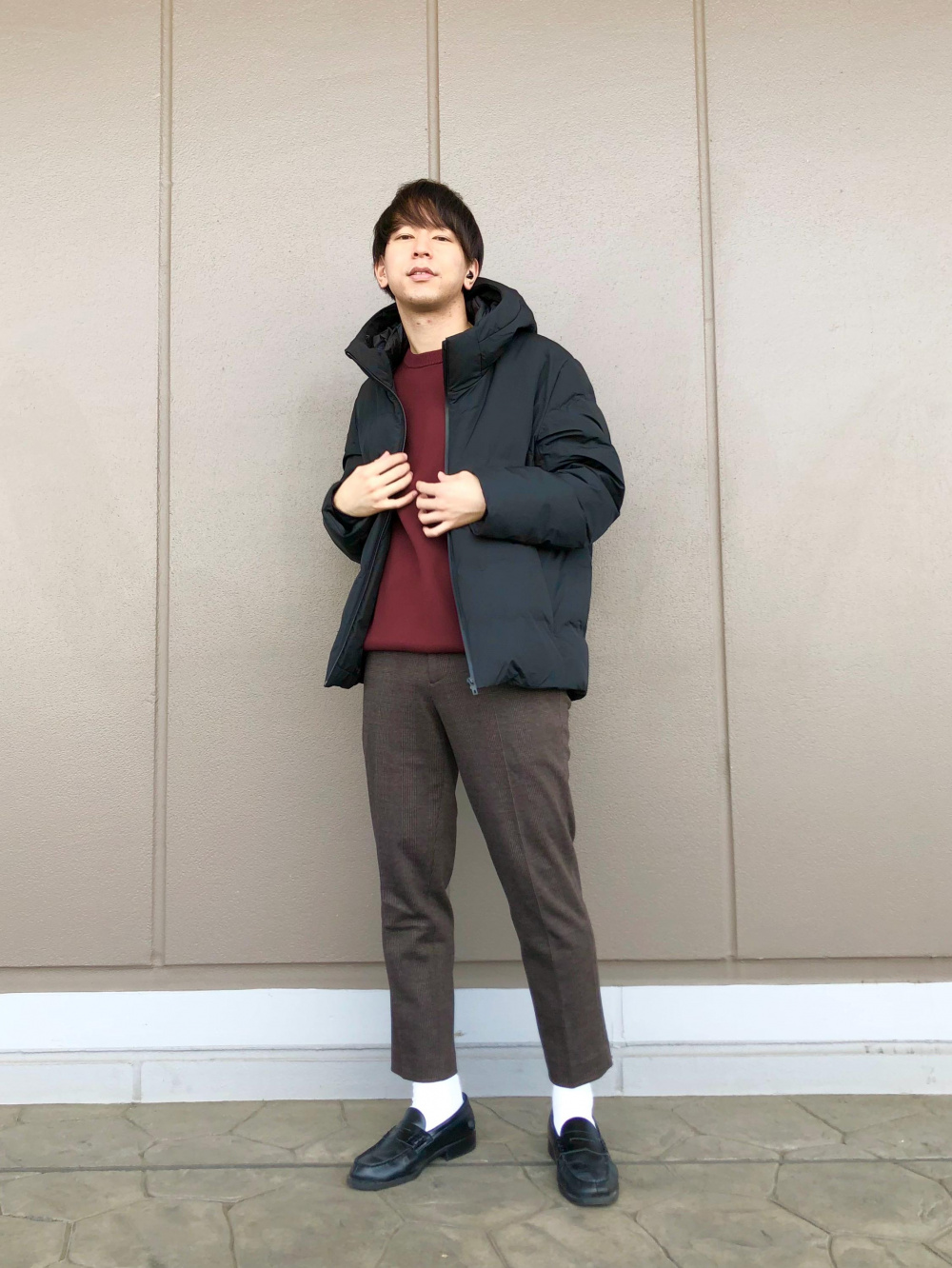 エクストラファインメリノブレンドモックネックチュニックセーター 長袖 スマートアンクルパンツ ジャージー グレンチェック 丈標準64 5 70 5cm の着用コーディネート ユニクロ