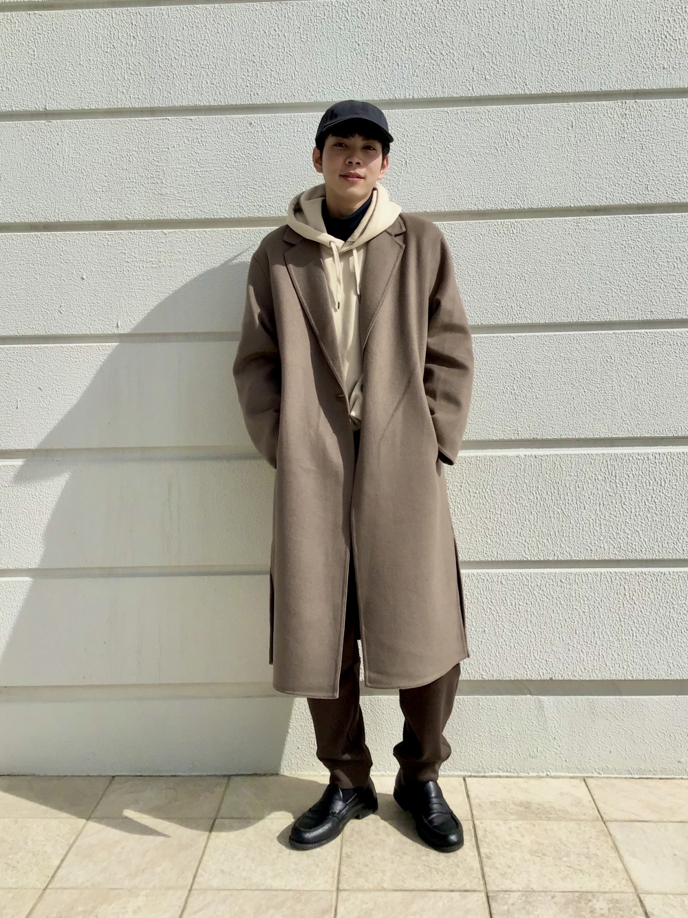 ダブルフェイスチェスターロングコート、スウェットプルパーカ（長袖