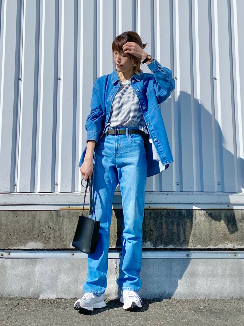 ボーダーオーバーサイズt 長袖 デニムシャツジャケット の着用コーディネート ユニクロ