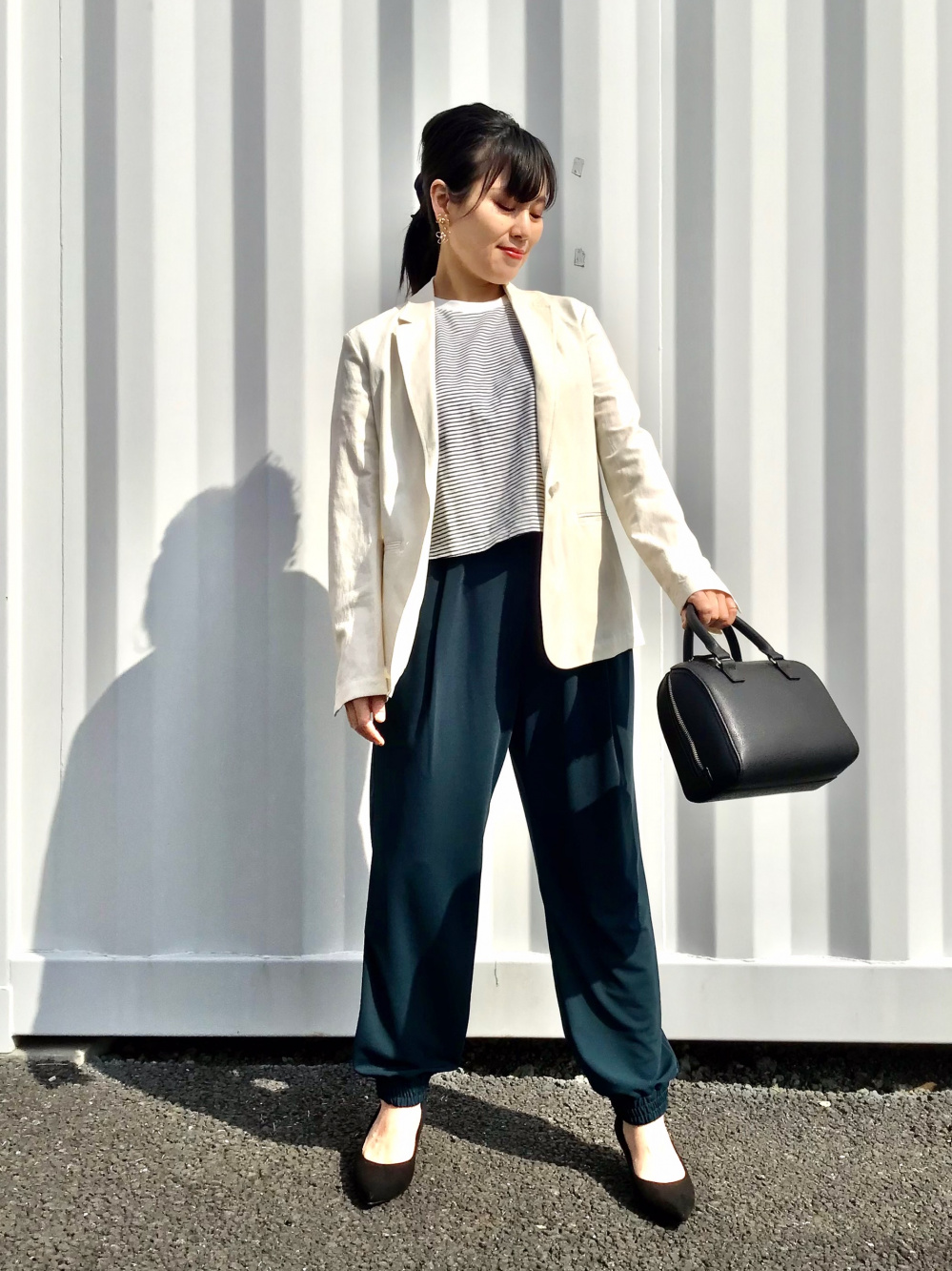 リネンブレンドラペルワンピース ノースリーブ スラブジャージーボーダークロップドt 半袖 の着用コーディネート ユニクロ