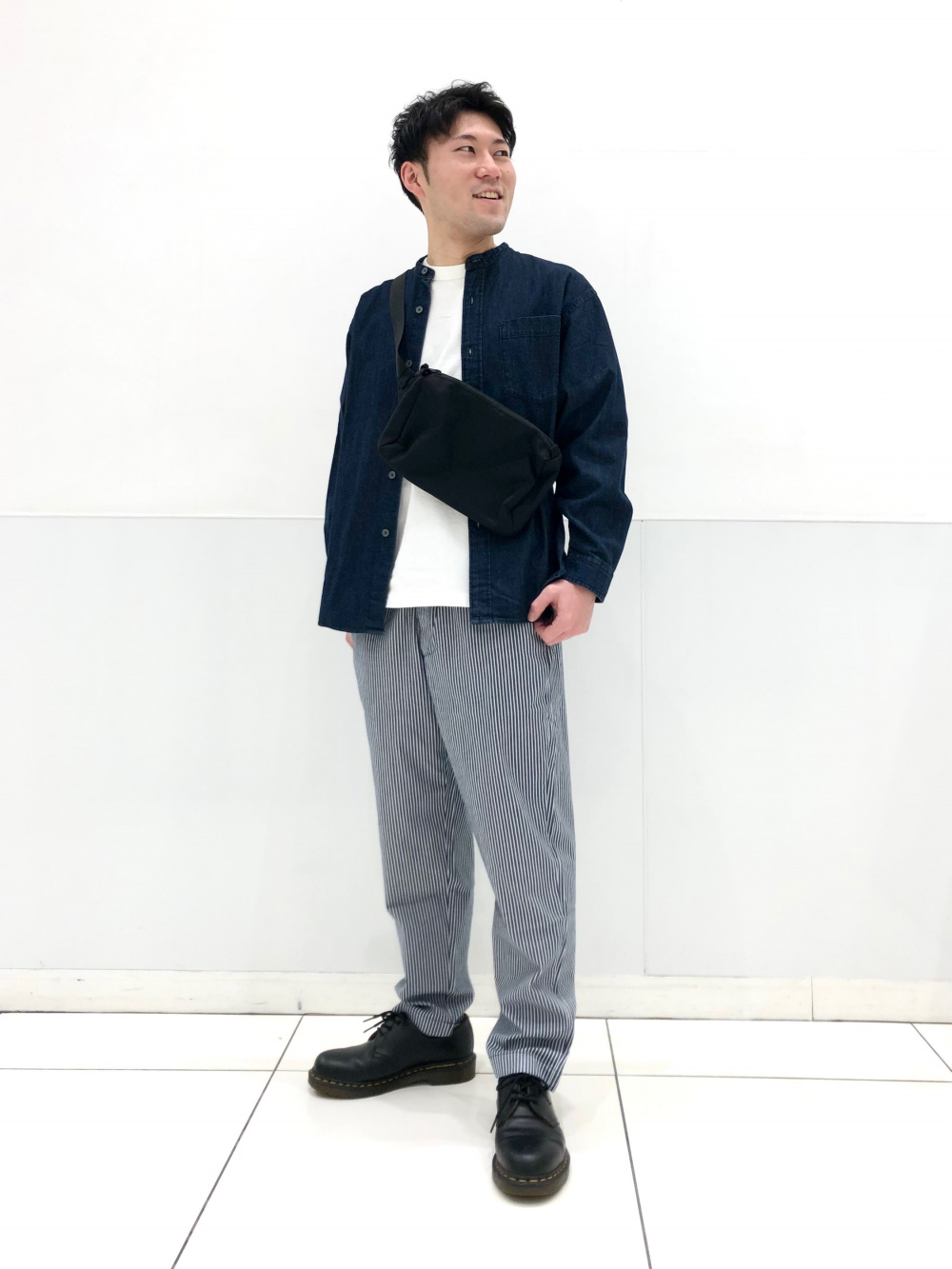 デニムオーバーサイズスタンドカラーシャツ（長袖）、スマートアンクル