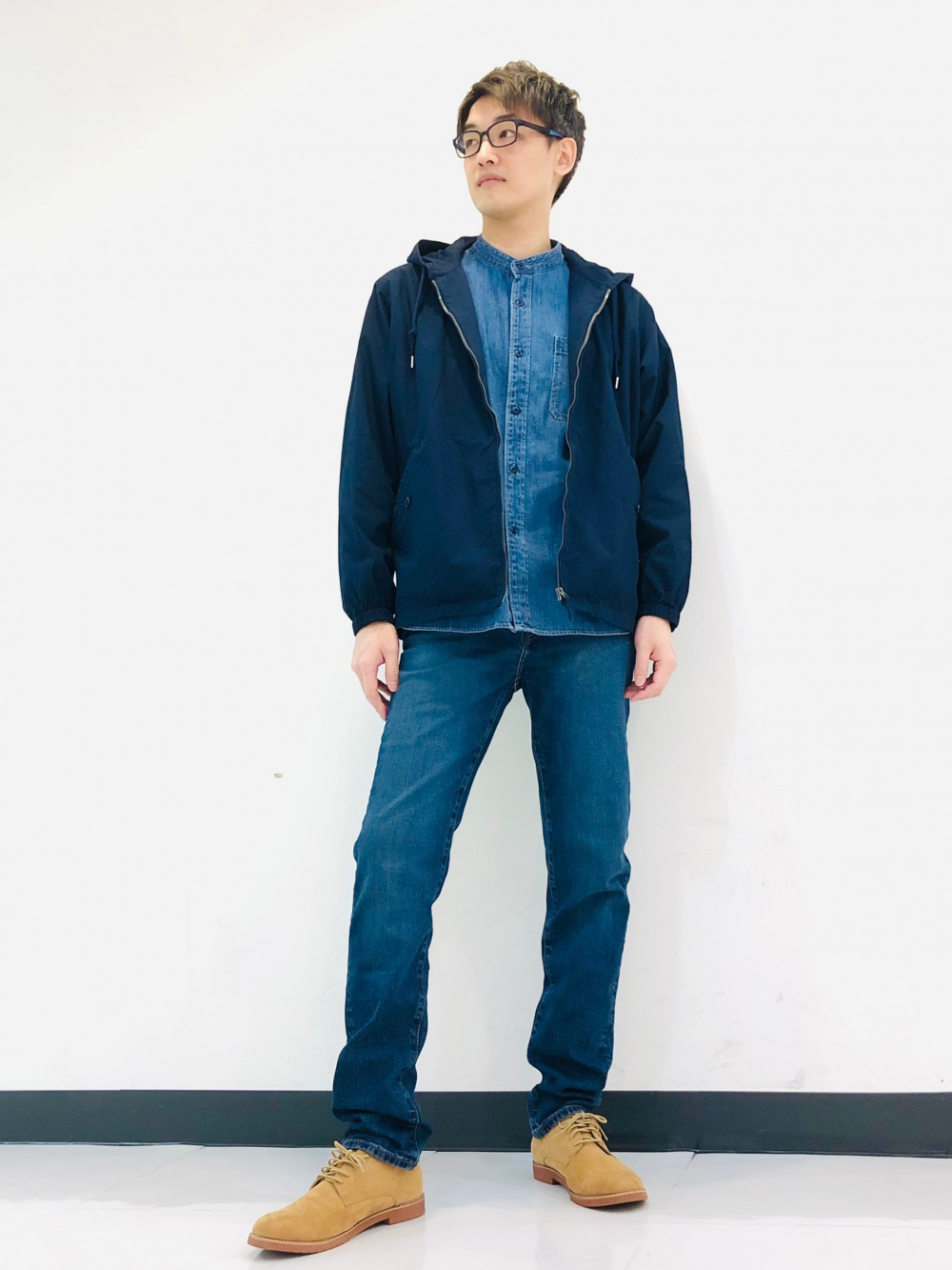 デニムオーバーサイズスタンドカラーシャツ（長袖）、スリムストレート